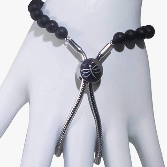 Black Agate Bracelet 5mm Beads Stainless Steel Unique Pull with Dragonfly Symbol - Picture 2 of 3